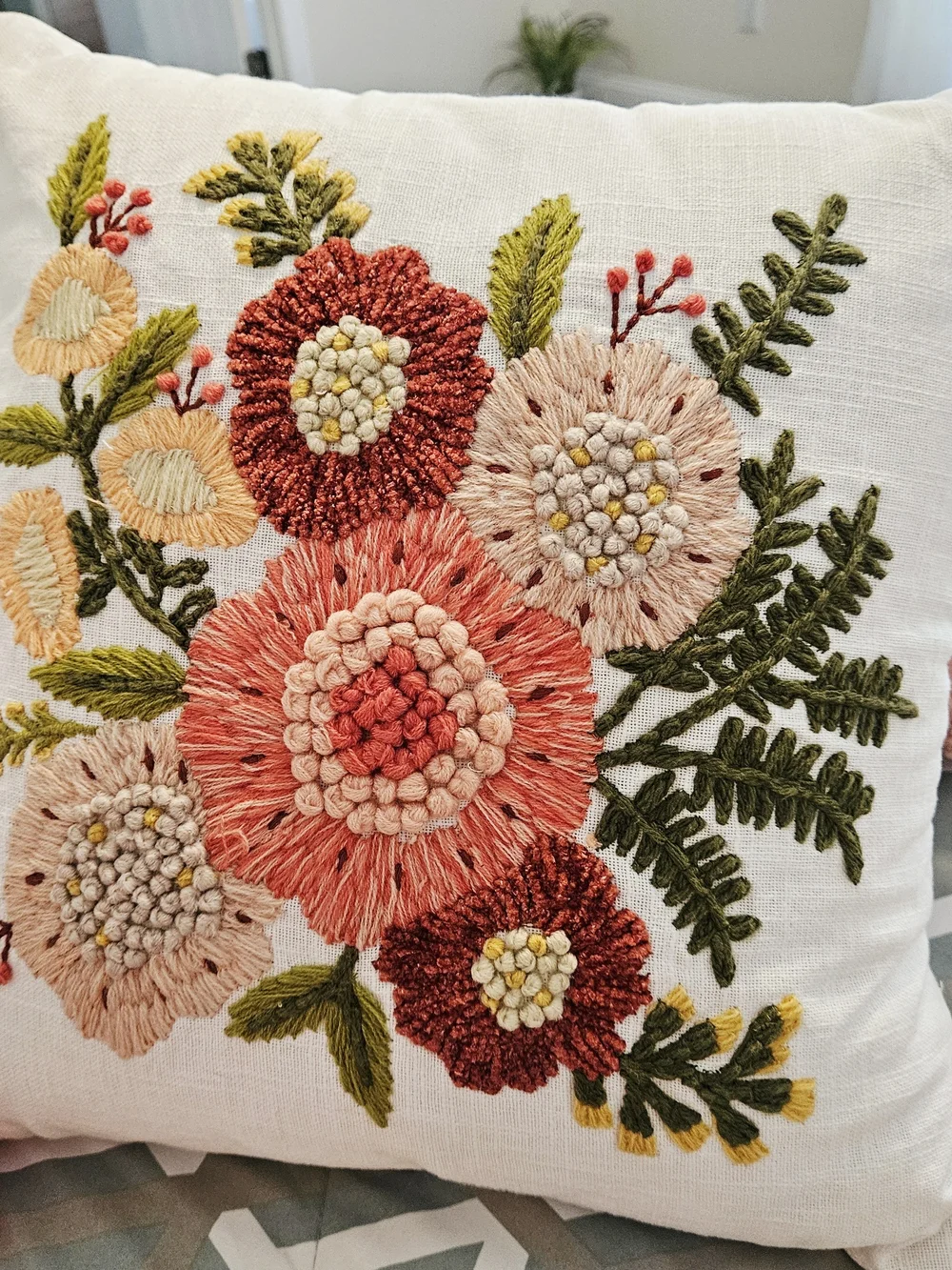 Embroidered Floral Throw Pillow in Coral, Peach & Olive